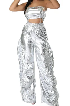 MICAS Pant Sets-Metallic Drawstring Tube Top And Gathered Wide Leg Pants SILVER