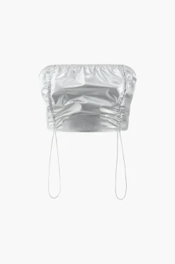 MICAS Pant Sets-Metallic Drawstring Tube Top And Gathered Wide Leg Pants SILVER