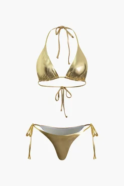 MICAS Swimwear-Metallic Halter Side Tie Bikini Set GOLD