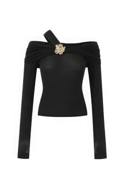 MICAS T-Shirts-Metallic Off Shoulder T-Shirt BLACK