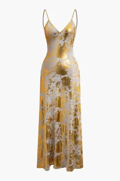 MICAS Maxi Dresses-Metallic Print V-neck Backless Slip Maxi Dress