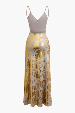 MICAS Maxi Dresses-Metallic Print V-neck Backless Slip Maxi Dress