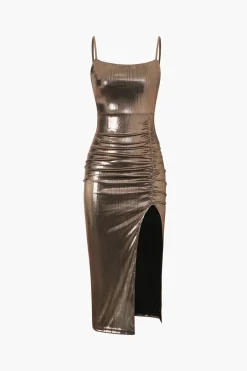 MICAS Midi Dresses-Metallic Ruched Slit Midi Dress
