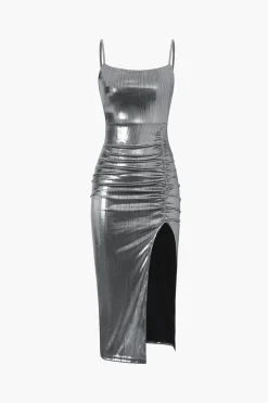 MICAS Midi Dresses-Metallic Ruched Slit Midi Dress