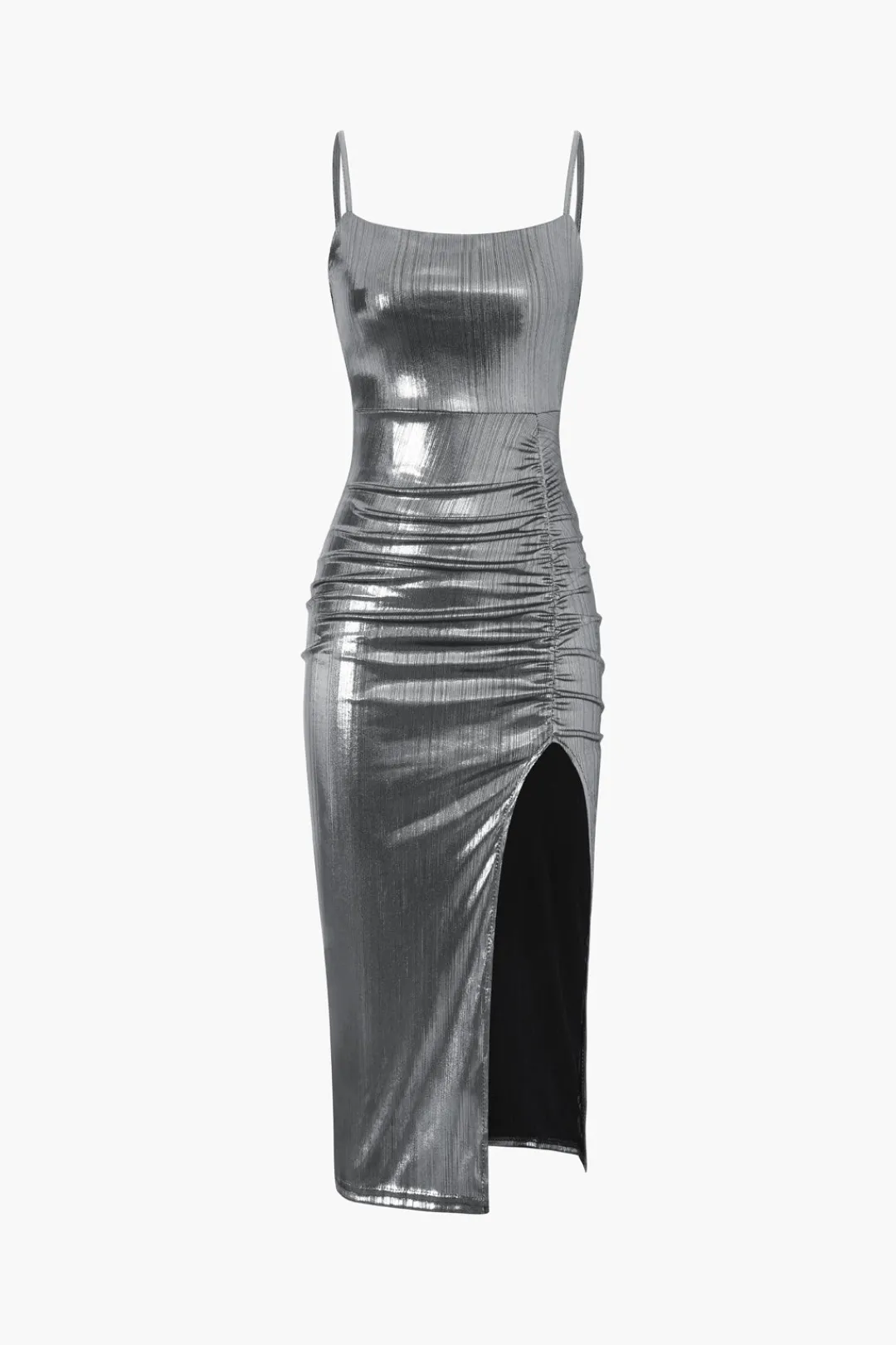 MICAS Midi Dresses-Metallic Ruched Slit Midi Dress