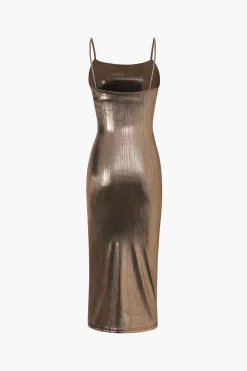 MICAS Midi Dresses-Metallic Ruched Slit Midi Dress