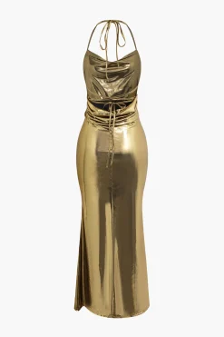 MICAS Maxi Dresses-Metallic Tie Halter Cowl Neck Backless Maxi Dress