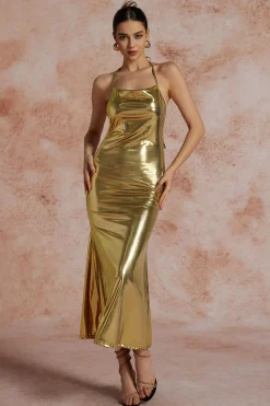 MICAS Maxi Dresses-Metallic Tie Halter Cowl Neck Backless Maxi Dress