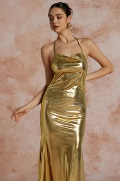 MICAS Maxi Dresses-Metallic Tie Halter Cowl Neck Backless Maxi Dress