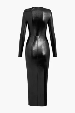 MICAS Long Sleeve Dresses|Maxi Dresses-Metallic V-neck Ruched Slit Wrap Maxi Dress BLACK