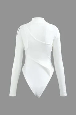 MICAS Bodysuits-Mock Neck Asymmetric Paneled Cut Out Bodysuit WHITE
