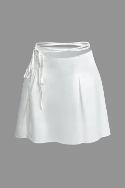 MICAS Skirt Sets-Mock Neck Button Up Bell Sleeve Crop Shirt And Mini Skirt Set WHITE