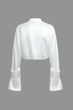 MICAS Skirt Sets-Mock Neck Button Up Bell Sleeve Crop Shirt And Mini Skirt Set WHITE