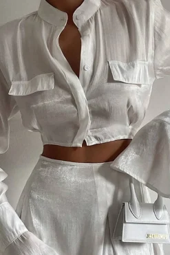 MICAS Skirt Sets-Mock Neck Button Up Bell Sleeve Crop Shirt And Mini Skirt Set WHITE