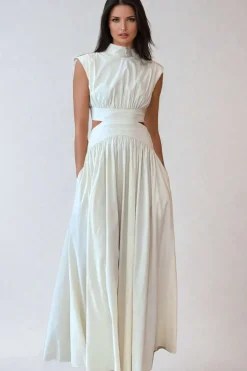 MICAS Maxi Dresses-Mock Neck Cut Out Pleated Maxi Dress