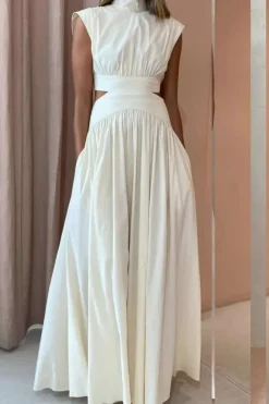 MICAS Maxi Dresses-Mock Neck Cut Out Pleated Maxi Dress