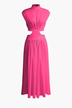 MICAS Maxi Dresses-Mock Neck Cut Out Pleated Maxi Dress