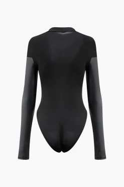 MICAS Long Sleeve Tops|Long Sleeves Tops-Mock Neck Faux Leather Paneled Long Sleeve Bodysuit