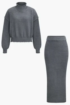 MICAS Skirt Sets-Mock Neck Top And Skirt Set GRAY