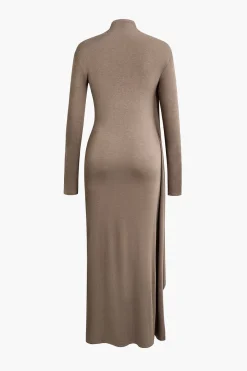 MICAS Long Sleeve Dresses|Maxi Dresses-Mock Neck Wrap Ruched Long Sleeve Slit Maxi Dress