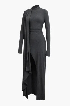 MICAS Long Sleeve Dresses|Maxi Dresses-Mock Neck Wrap Ruched Long Sleeve Slit Maxi Dress