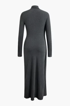 MICAS Long Sleeve Dresses|Maxi Dresses-Mock Neck Wrap Ruched Long Sleeve Slit Maxi Dress