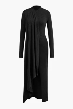 MICAS Long Sleeve Dresses|Maxi Dresses-Mock Neck Wrap Ruched Long Sleeve Slit Maxi Dress
