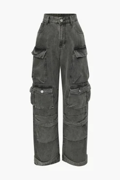 MICAS Cargo Pants|Jeans-Multi Pocket Rolled Hem Wide Leg Cargo Jeans