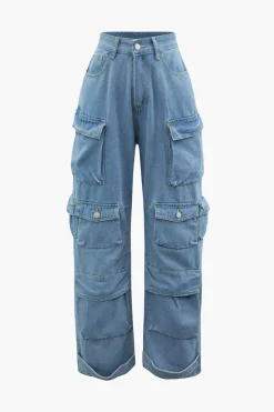 MICAS Cargo Pants|Jeans-Multi Pocket Rolled Hem Wide Leg Cargo Jeans