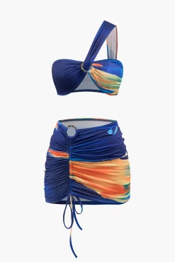 MICAS Swimwear|Vacation Sets-Multi Print One Shoulder Crop Top And Ruched Drawstring Mini Skirt Set BLUE