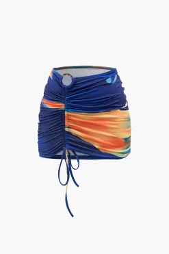 MICAS Swimwear|Vacation Sets-Multi Print One Shoulder Crop Top And Ruched Drawstring Mini Skirt Set BLUE