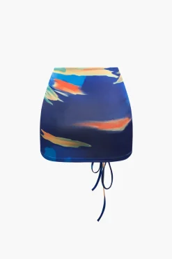 MICAS Swimwear|Vacation Sets-Multi Print One Shoulder Crop Top And Ruched Drawstring Mini Skirt Set BLUE