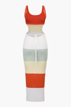 MICAS Knitwear|Maxi Dresses-Multicolored Stripe Knitted Backless Maxi Dress