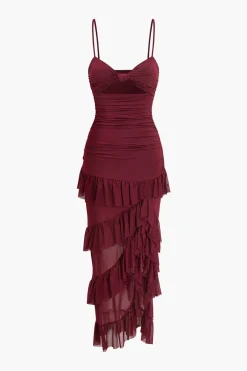 MICAS Maxi Dresses-Multilayer Ruffle Slip Maxi Dress BURGUNDY