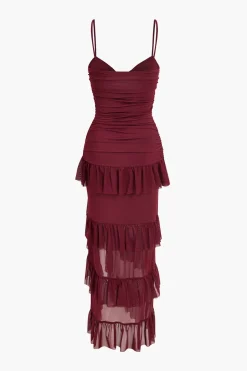MICAS Maxi Dresses-Multilayer Ruffle Slip Maxi Dress BURGUNDY