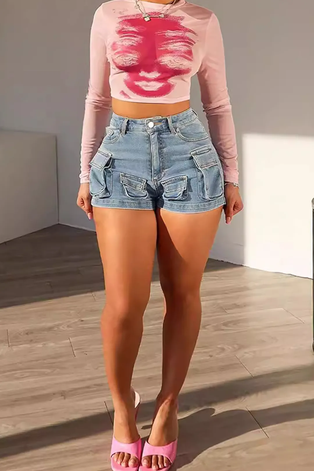 MICAS Cargo Pants|Shorts-Multi-Pocket Denim Cargo Shorts LIGHT WASH BLUE