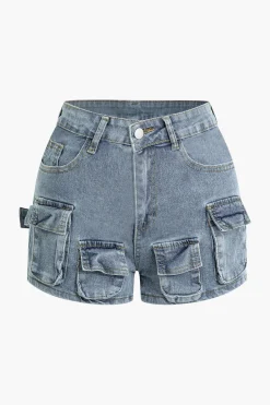 MICAS Cargo Pants|Shorts-Multi-Pocket Denim Cargo Shorts LIGHT WASH BLUE