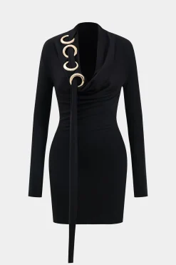 MICAS Long Sleeve Dresses|Mini Dresses-Neck Ring Long Sleeve Mini Dress BLACK