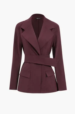 MICAS Blazers|Pant Sets-Notched Lapel Belted Blazer And Trousers Set MAROON