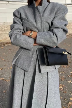 MICAS Blazers|Skirt Sets-Notched Lapel Blazer And Midi Skirt Set GRAY