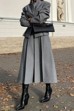 MICAS Blazers|Skirt Sets-Notched Lapel Blazer And Midi Skirt Set GRAY