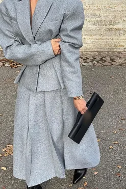 MICAS Blazers|Skirt Sets-Notched Lapel Blazer And Midi Skirt Set GRAY