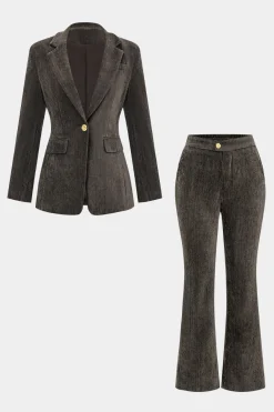 MICAS Blazers|Pant Sets-Notched Lapel Fake Button Pocket Blazer And Flared Leg Trousers Set BROWN