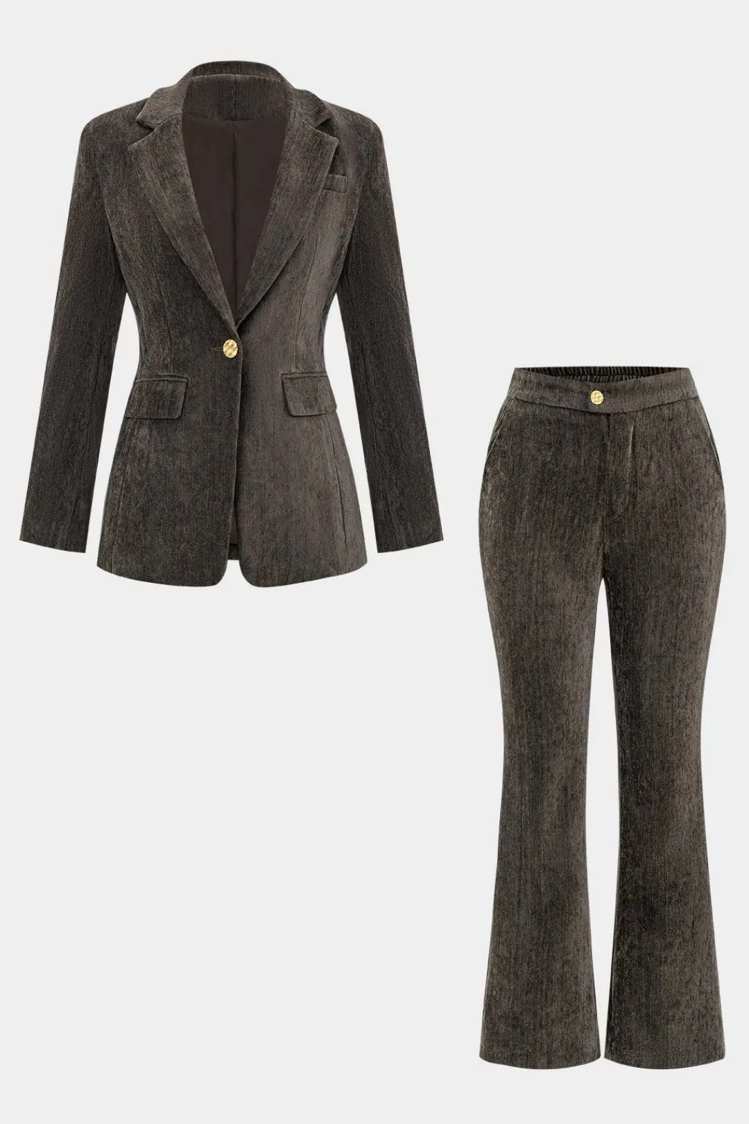 MICAS Blazers|Pant Sets-Notched Lapel Fake Button Pocket Blazer And Flared Leg Trousers Set BROWN