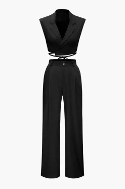 MICAS Pant Sets-Notched Lapel Tie Back Vest And Straight Leg Suit Pants Set