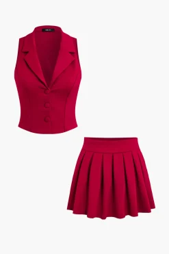 MICAS Skirt Sets-Notched Lapel Vest And Pleated Mini Skirt Set
