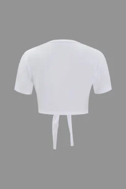 MICAS T-Shirts-Number 5 Embroidered Knot Hem T-shirt WHITE