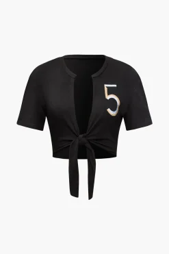 MICAS T-Shirts-Number 5 Embroidered Knot Hem T-shirt WHITE