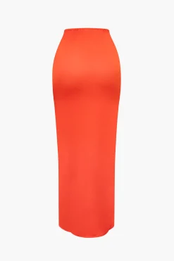 MICAS Skirt Sets|Vacation Sets-Off Shoulder Cut Out Long Sleeve Top And Twist Slit Maxi Skirt Set ORANGE