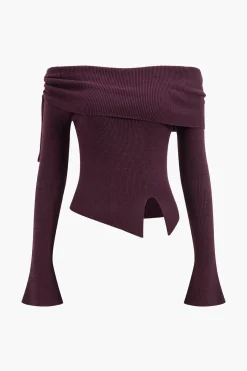 MICAS Knitwear|Knit Tops-Off Shoulder Drawstring Sweater Long-Sleeve Top EGGPLANT PURPLE